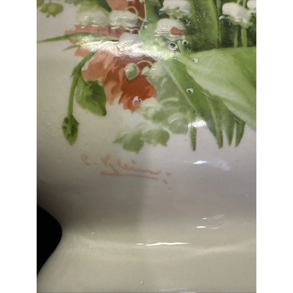 Vintage Porcelain Glazed Pitcher‎ Vase Gold Trim  Floral lily-of-the-valley 8.5